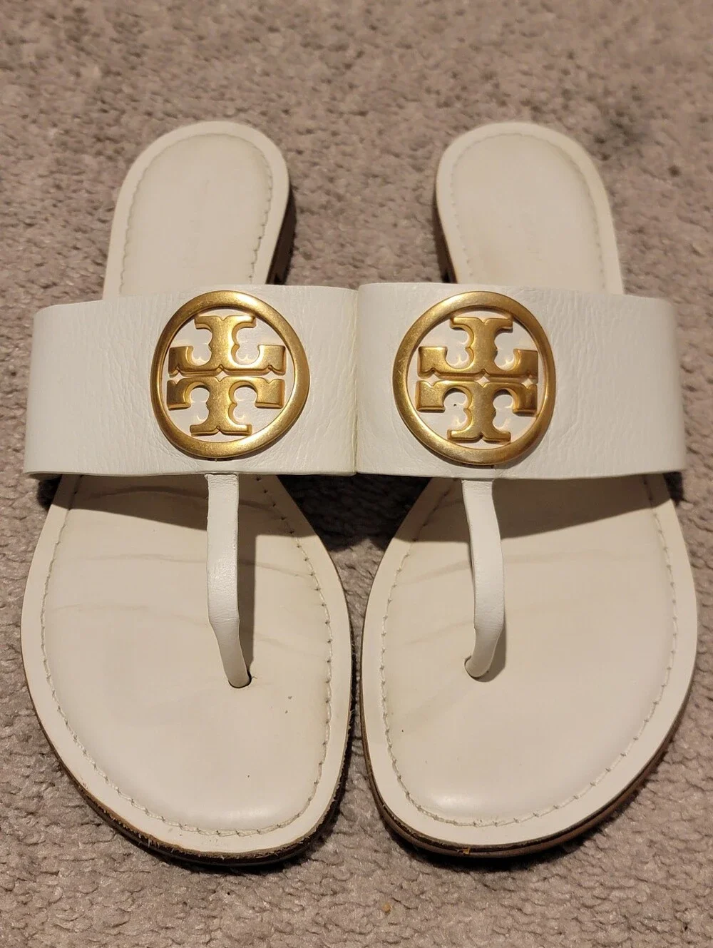 Tory Burch Benton Bands Thong Sandals White/Gold Size 10.5